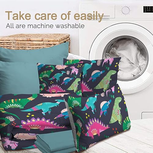 Miniatura 6 de BlessLiving - Cama de dinosaurio para niños en una bolsa, 8 piezas, juego de cama con edredón colorido - 1 edredón, 2 fundas de almohada, 1 sábana