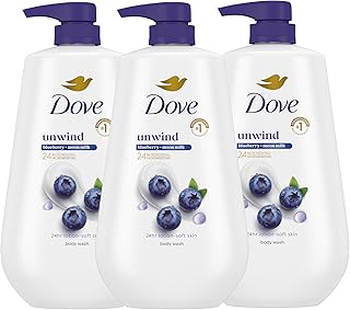 Dove Body Wash 3 Count Unwind Blueberry & Moon Milk For 24hr Lotion-Soft Skin Moisturizing Skin Cleanser with No Sulfates No Parabens