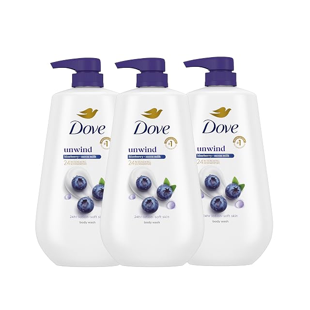 Dove Body Wash 3 Count Unwind Blueberry Moon Milk For 24hr Lotion-Soft Skin Moisturizing Skin Cleanser with No