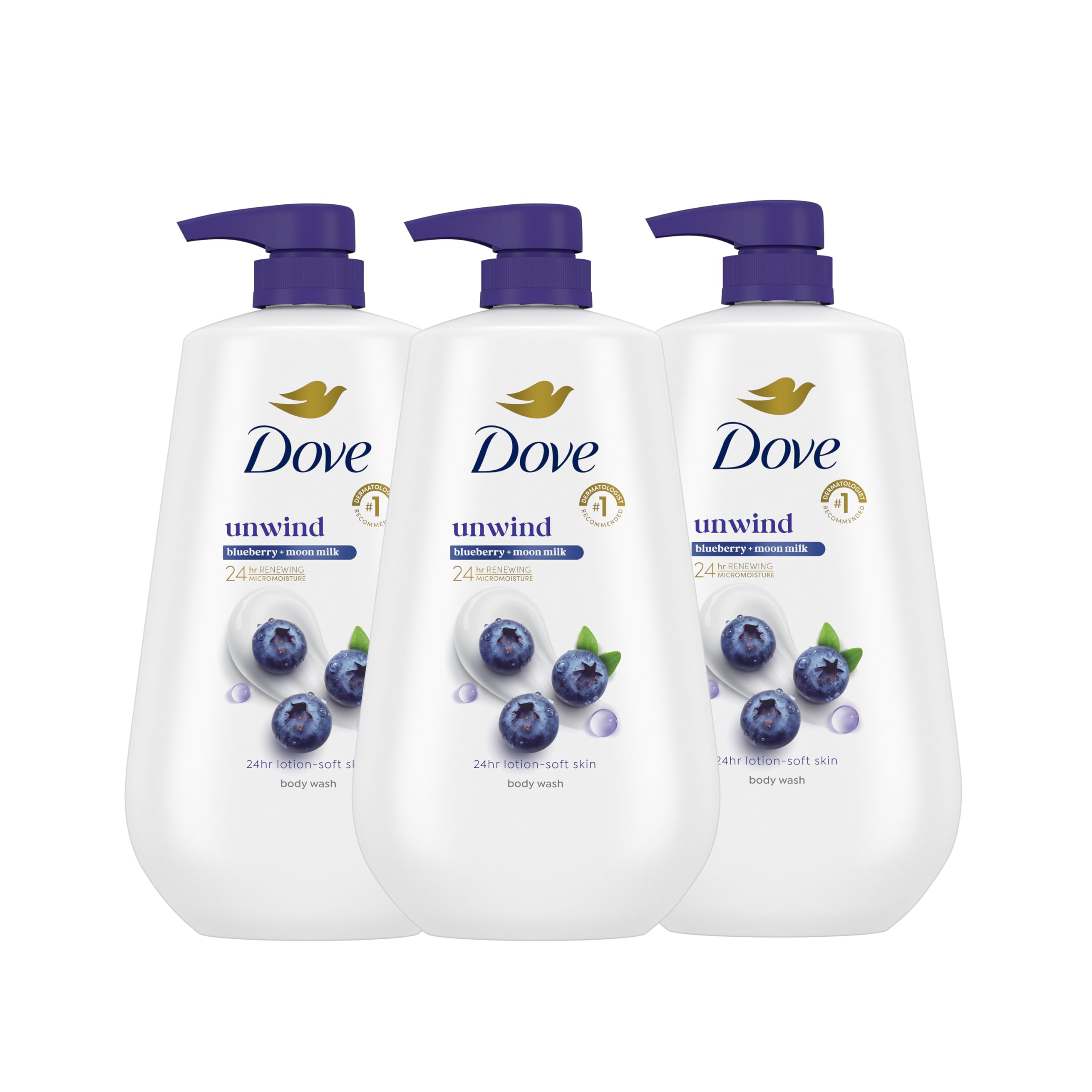 Dove Body Wash 3 Count Unwind Blueberry Moon Milk For 24hr Lotion-Soft Skin Moisturizing Skin Cleanser with No
