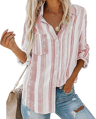 Miniatura 2 de Blusa elegante a rayas para mujer, para otoño, casual, manga larga, enrollada, con solapa, abotonada, ajuste holgado