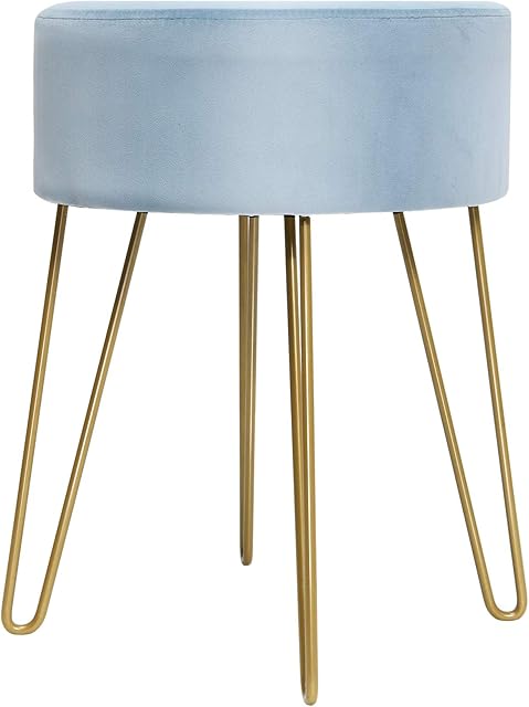 NA GiantexUK Footstool Velvet Round Ottoman, Dressing Table Stool with Gold Metal Legs, Cushioned Vanity Seat for Bedroom, Living Room, Office (Blue)