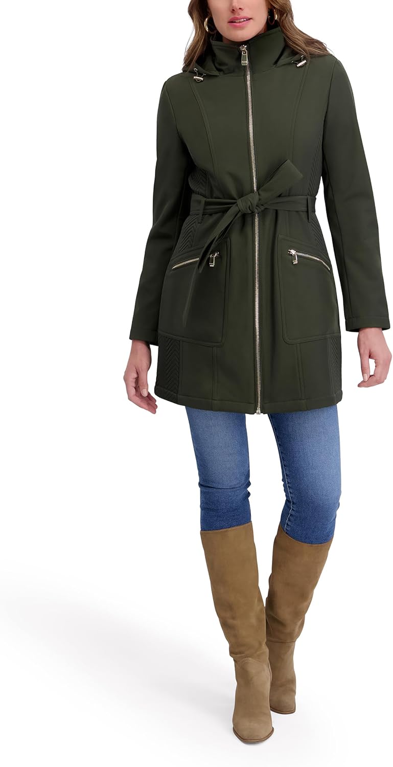 kensie Women's Outerwear Zip Front Softshell Hooded Water Resistant Jacket