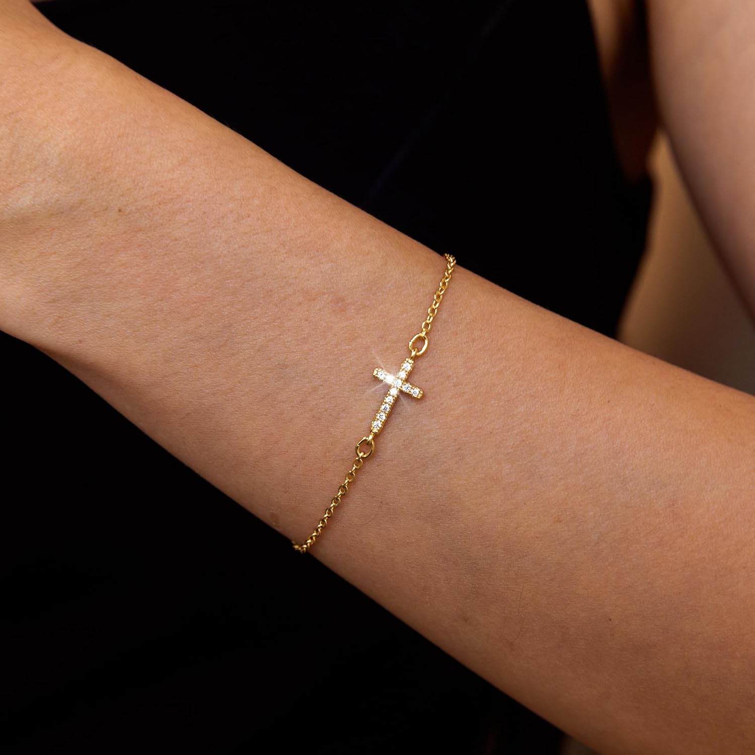 Gold/Silver Cross Bracelets for Women, CZ Sideways Cross Charm Dainty Gold Bracelet for Women Stackable Link Chain Adjustable Hypoallergenic Religious Jewelry Cute Trendy Gifts - Image 2
