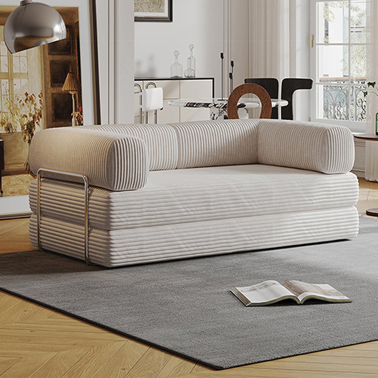 Faltbares Schlafsofa 180cm Breite XXL Bett, Modulares Bodensofa, Cord Wolkensofa mit Metallrahmen, 3 Sitzer Gästebett Klappbar, rutschfest, Waschbar,Off white-180cm-3 Seats