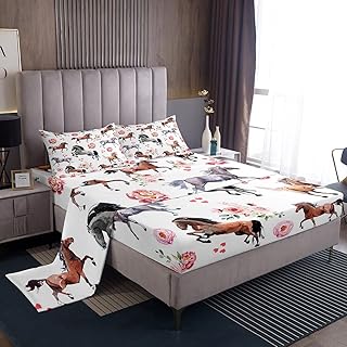 Horse Sheet Set for Kids Boys Girls Teens,Farmhouse Western Cowboy Cowgirls Bed Sheets Twin,Cute Love Heart Kawaii Horse Bedding Set,Rustic Pink Rose Floral Fitted Sheet + Flat Sheet + 1 Pillowcase