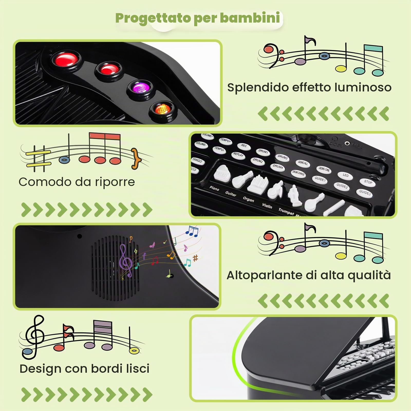 GYMAX Pianoforte Elettronico a 37 Tasti per Bambini, Tastiera Elettronica con Sgabello, Microfono e 3 Modalità di Apprendimento, Pianoforte Elettronico, Regalo Perfetto per Bambini Piccoli (Nero)
