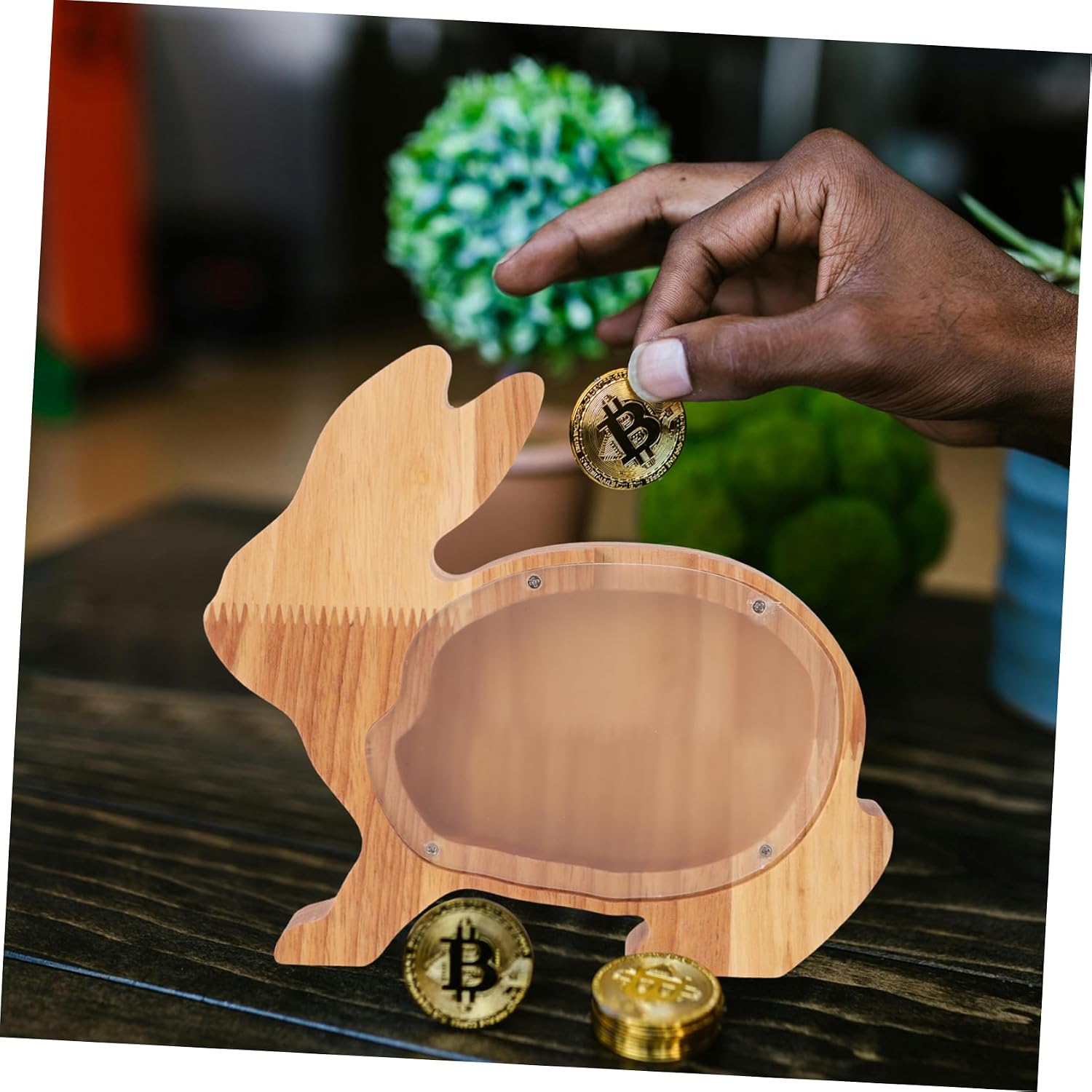 Wood Rabbit Piggy Bank Coin Box for Children and Desktop Decor image 2