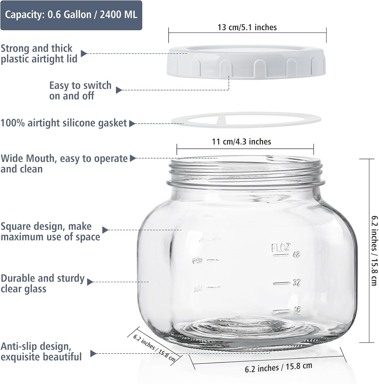 81 Oz/0.6 Gallon Airtight Glass Jar with Lids, Wide Mouth Half Gallon Mason Jar for Pickle, Cookie, Kombucha, Flour, Sugar. Set of 2 Large Pickle Jar with 2 Scale Marks - Image 6