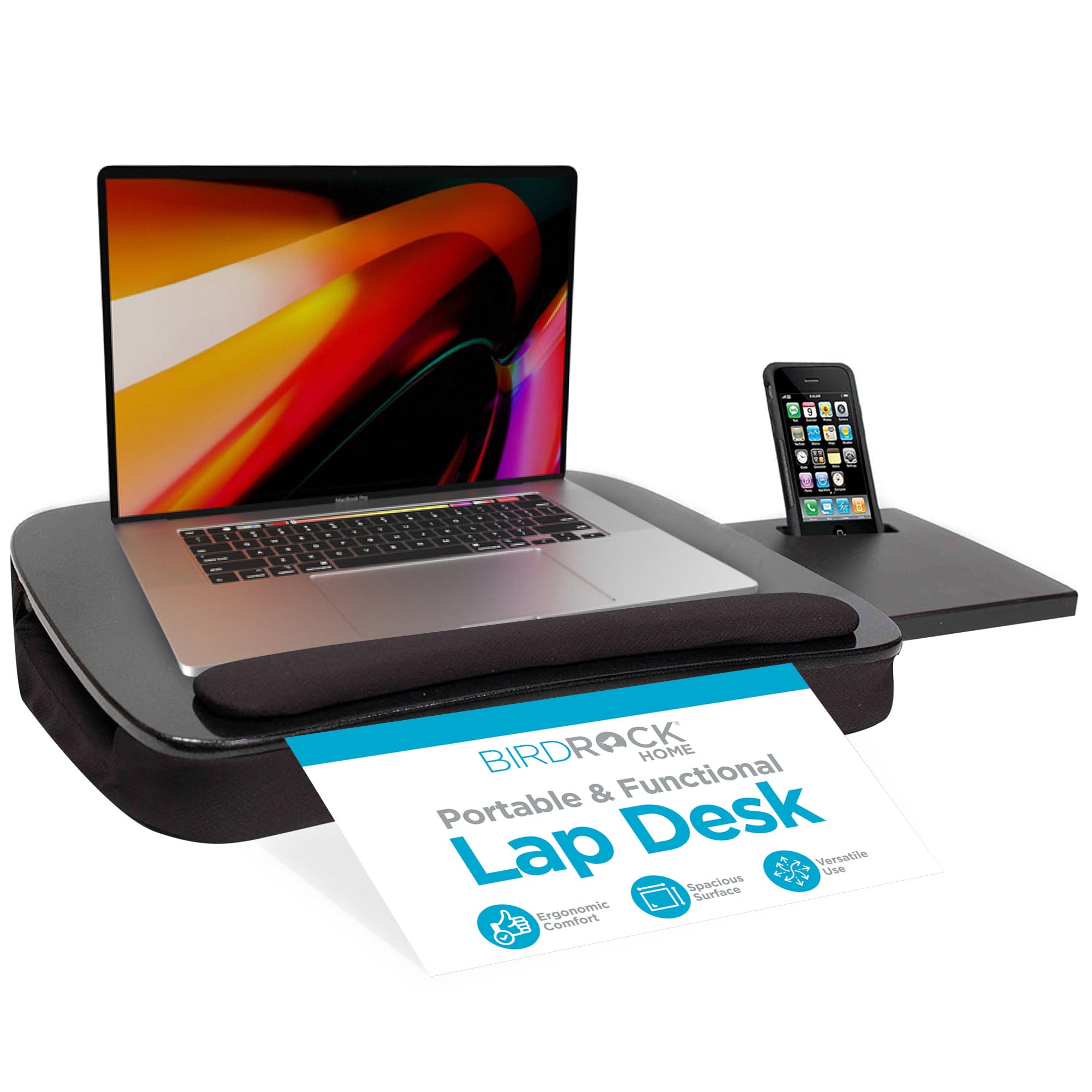 SOFIA + SAM Multi-Tasking Lap Desk with Memory Foam Cushion & Wrist Rest - Portable Computer Bed Tray - Fits Laptops Up to 15", Tablets Up to 9.6", Smartphones Up to 3.5" - Black Top