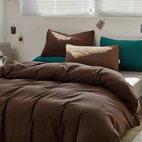 Miniatura 5 de KAREVER Juego de edredón de color marrón castaño, juego de ropa de cama de 3 piezas de color marrón sólido para todas las estaciones, juego de