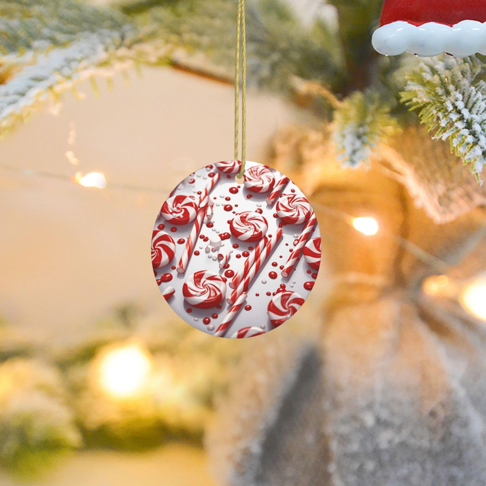 Christmas Ornaments for Christmas Tree Decoration Ceramic Hanging Candy Cane Ornament with Gold Ribbon Crafts Round Pendant for Keepsake Gifts Glass Xmas Decor Party Supplies