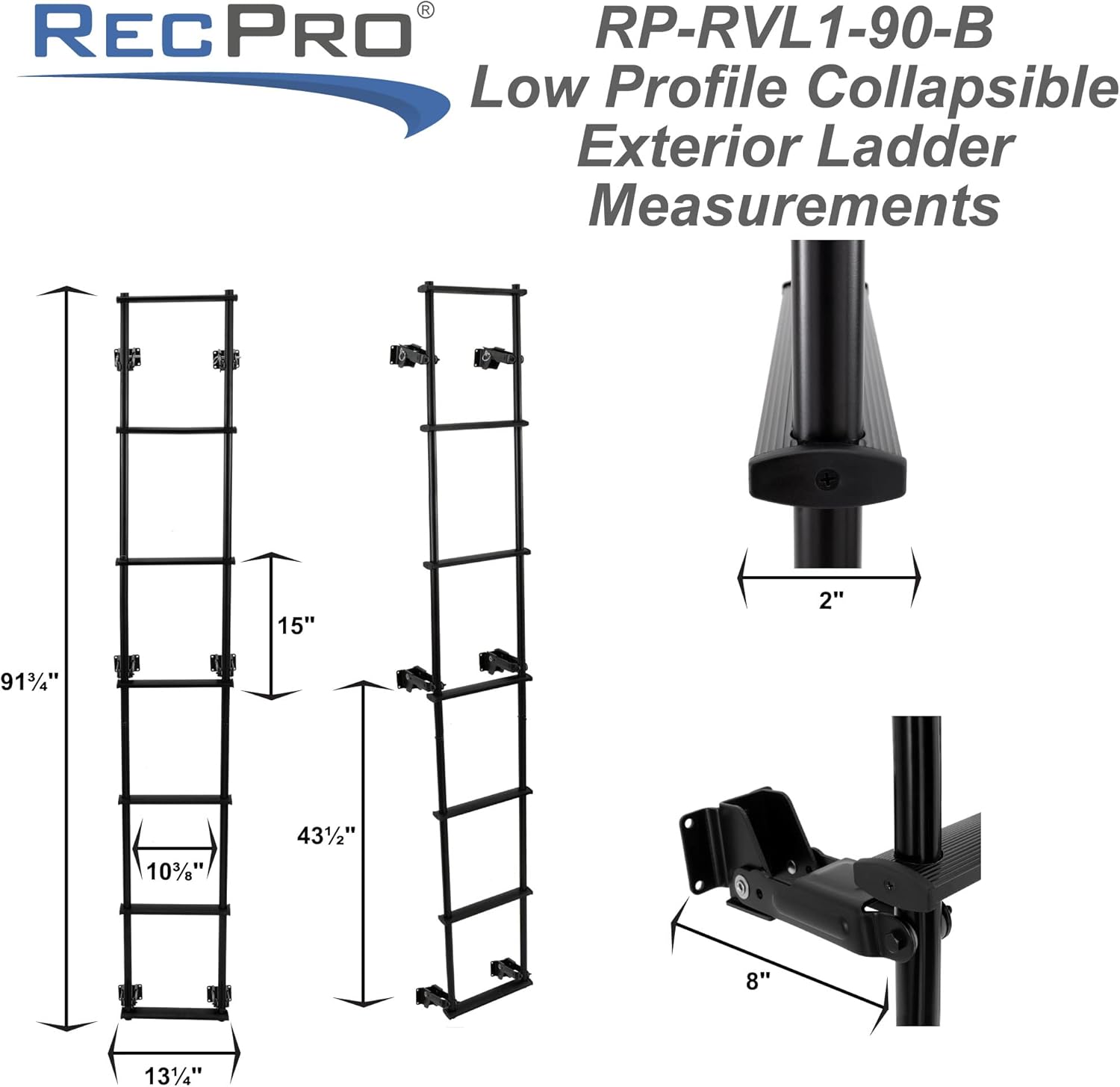 RecPro RV Toy Hauler Low Profile Universal 90.5" Collapsible Ladder with Hinges (Black)