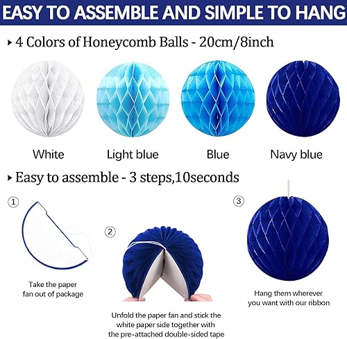 Miniatura 48 de Decoración de fiesta de feliz cumpleaños azul marino y dorado, 24 abanicos de papel colgantes, guirnalda de flores con pompones, guirnalda