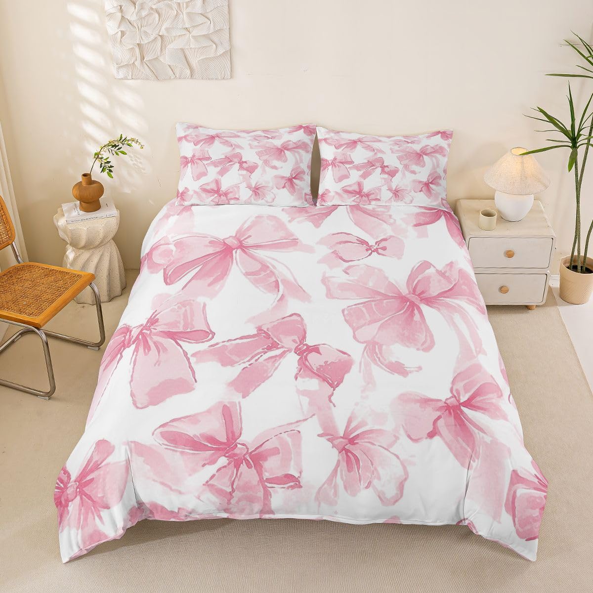 Loussiesd Pink Bows Duvet Cover Super King Size Bows for Boys Girls Bow Knot Bedding Set 3Pcs Room Decor Breathable Soft Lightweight Microfiber — image 1
