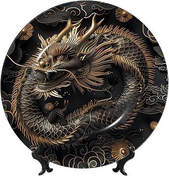 Bone China Decorative Plate Art Crafts Ceramic Decorative Plate With Display Stand Ceramic Ornament Chinese Dragon Style Round Dinner Plates Wall Hanging for Home Office Wall Decor 6in