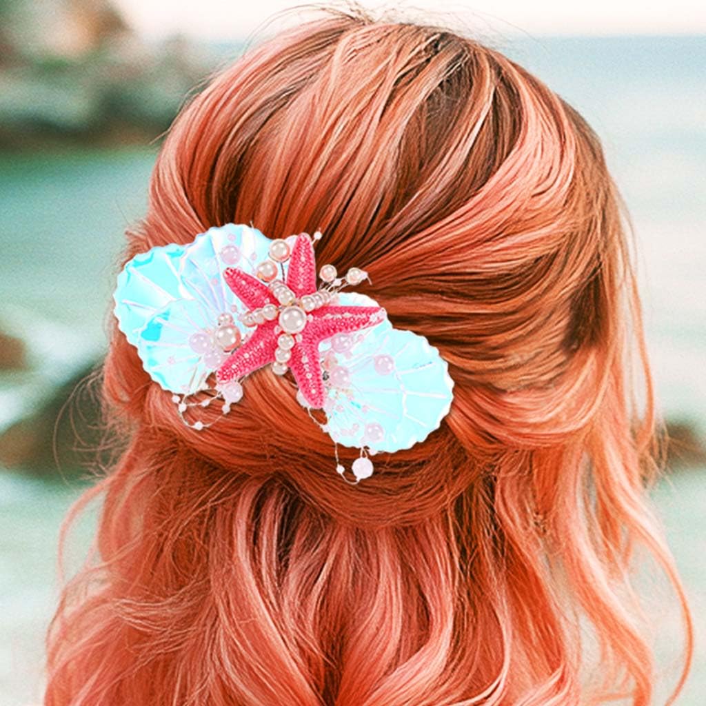 Mermaid Starfish Hair Comb Pearl Shell Hair Piece Beach Wedding Hair Accessories for Women (Pink) - Image 2