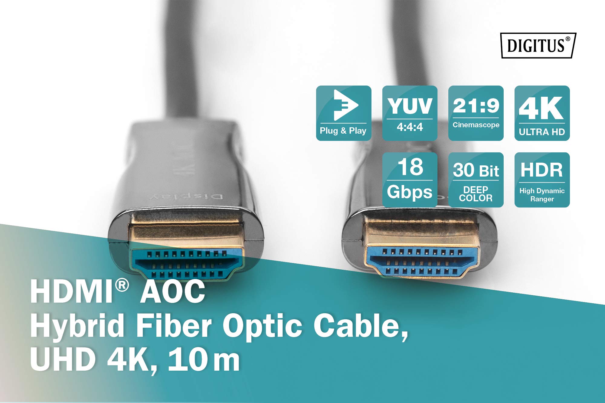 Digitus Cavo In Fibra Ottica Ibrido Hdmi Aoc, Uhd 4k, 20 M (hdmi Aoc Hybrid Fiberoptic - Cab.typE-A 20m Uhd 4k 60hz Gold/) | HDMI 2.0 – 18 Gbps – ARC, HDR, HDCP 2.2, CEC – Cable híbrido AOC – Cable HDMI de FO – Negro