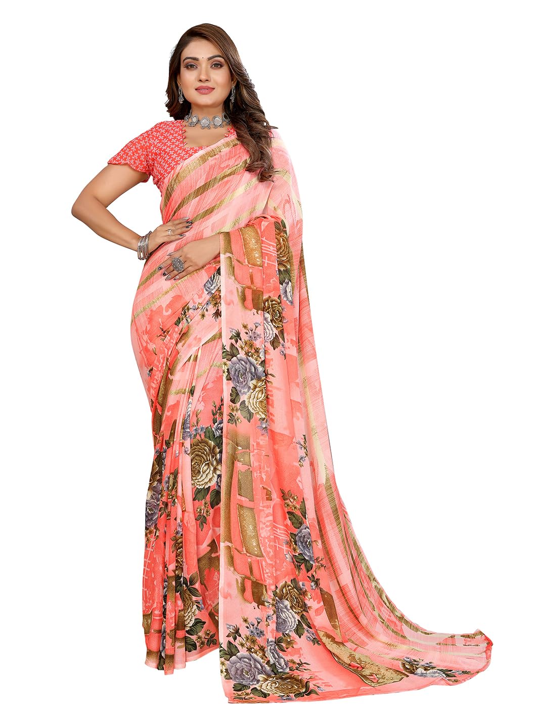 anand sarees Women's Regular Fit Floral Print Georgette Saree with Matching Blouse Piece | Stylish & Attractive | Fancy Saree for Wedding, Parties, Festivals (Multicolour)(GY_MD_PK_1287)-picture-49
