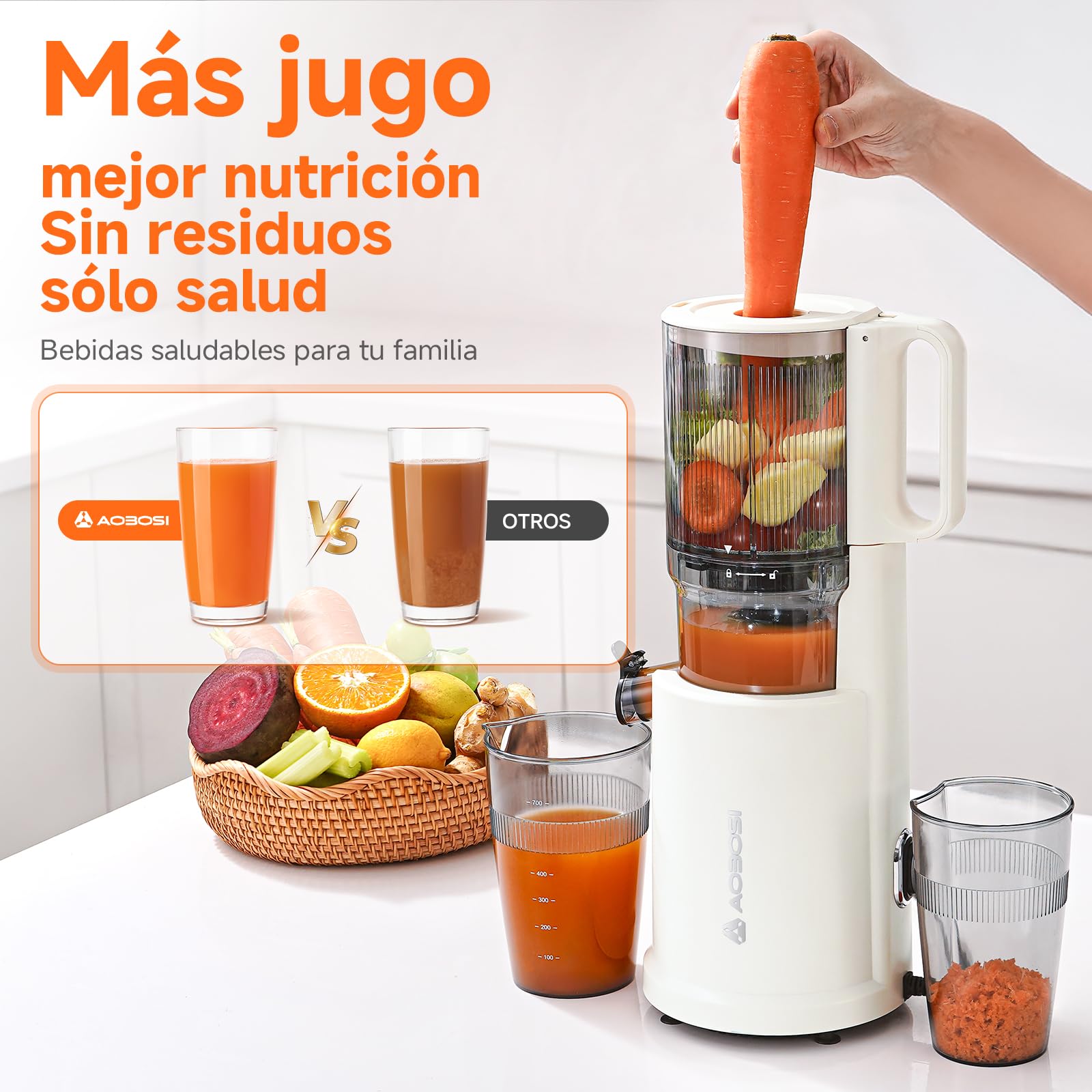 Aobosi Licuadora prensado en frio, Extractor de zumos y frutas con motor silencioso, 1.5 L, 200 W, Extractor de jugos Cold Press Slow Juicer Machine con Sinfín Mejorado