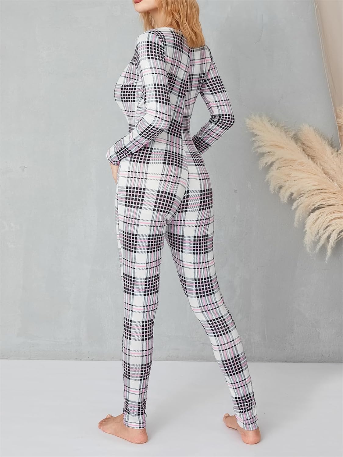 Women Sexy Bodycon Onesie Pajama Heart Print Long Sleeve Button V Neck Jumpsuit One Piece Romper Valentines Sleepwear - Image 5