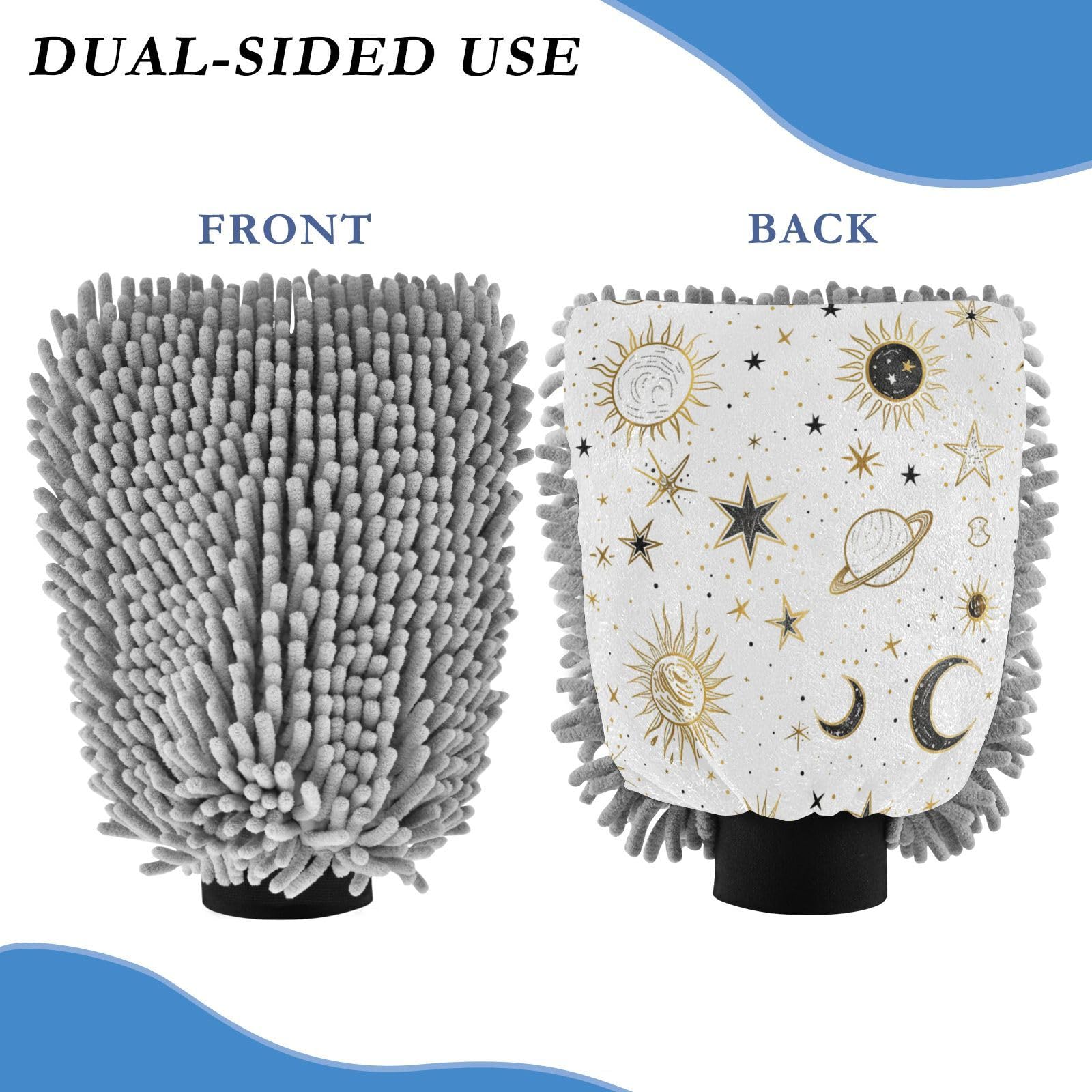 ALAZA Crescent Sun Moon Star Car Wash Mitt Scratch Free, 2 Pack Absorbent Microfiber/Chenille Washing & Drying Mitts, L