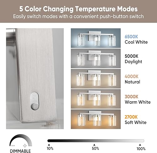 Miniatura 3 de Lámparas LED modernas para baño sobre el espejo, 3 luces de níquel cepillado con 5 modos de color, luz de tocador de baño regulable con vidrio de