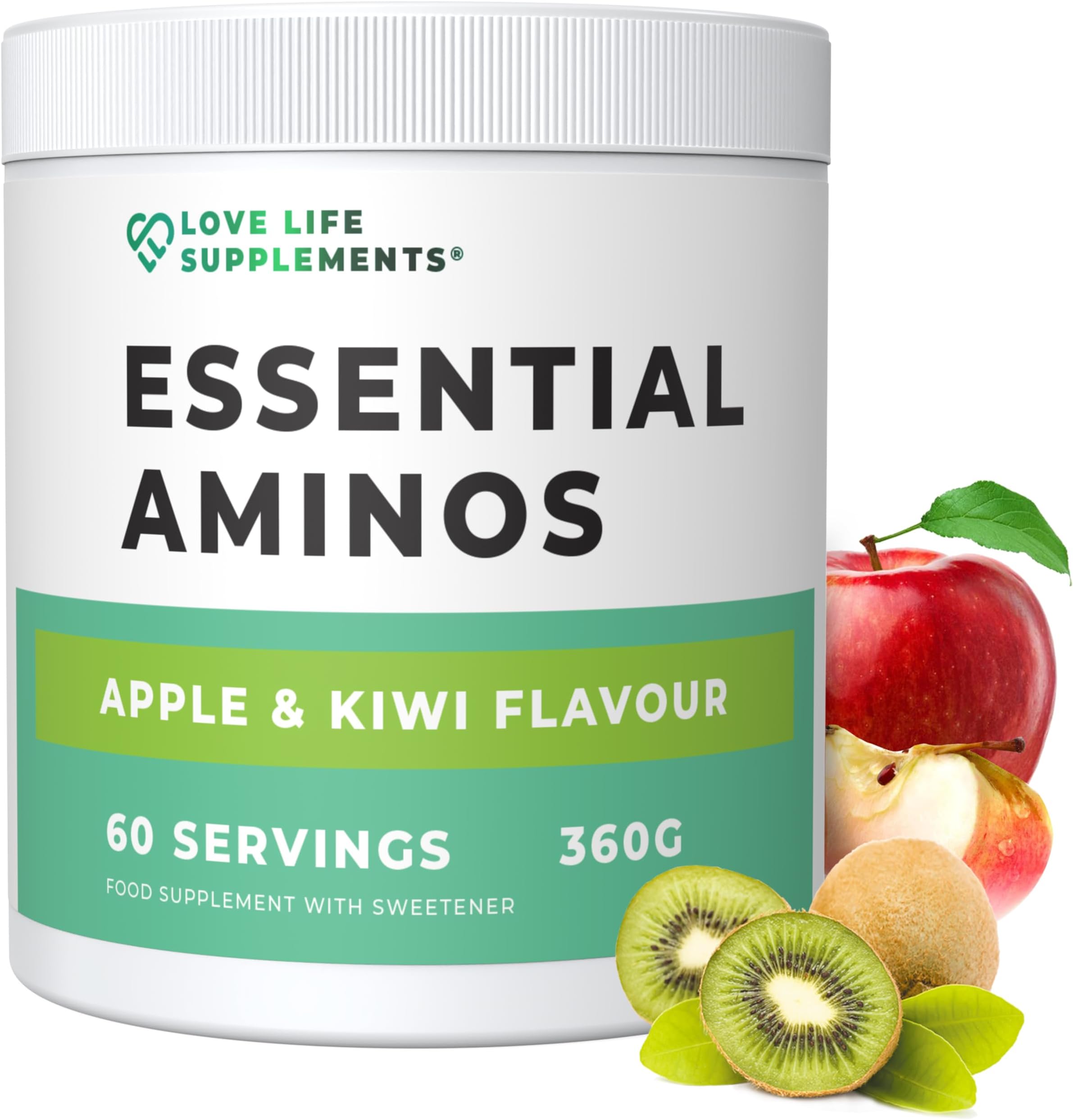 Essential Amino Acids Powder, Full Spectrum EAA & BCAA Drink for Muscle Recovery, Apple & Kiwi Flavour, 60 Servings, High Strength Intra Workout Supplement, UK Made - Love Life Supplements