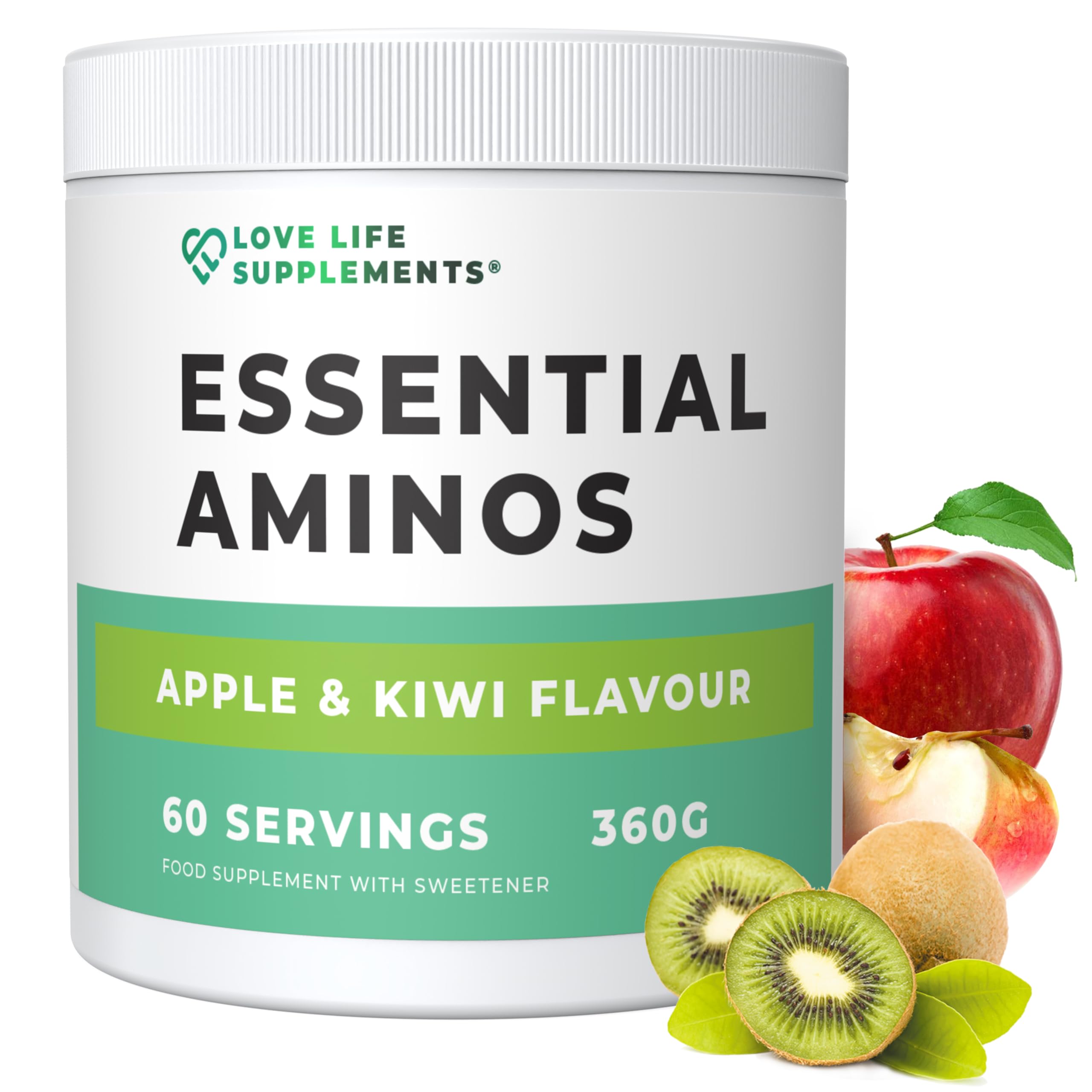 EAA Amino Acids Powder, All 9 Essential Amino Acids Including BCAA's and 2 Grams of Leucine per Serving, Apple & Kiwi Flavour, 348g - 60 Servings (5g of EAA's per Serving) - Love Life Supplements