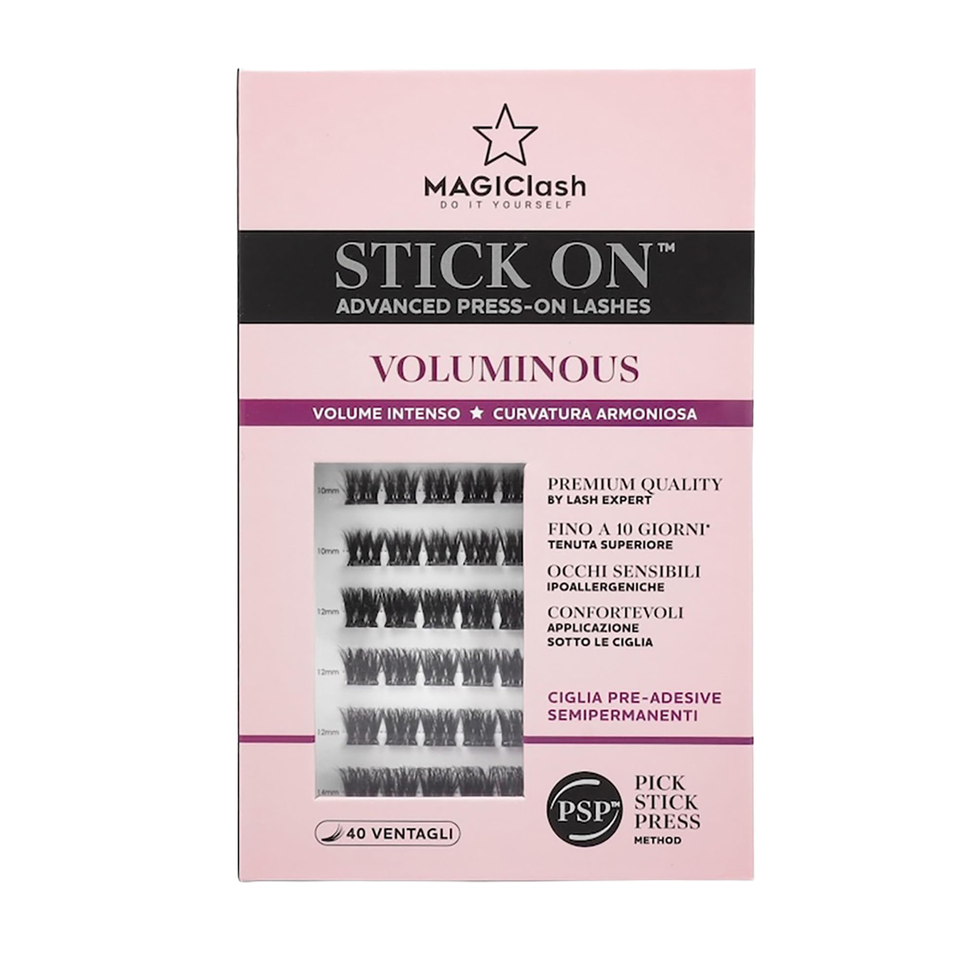 MagicLash Ciglia Press and Go Voluminous Premium 40pz Lash Cluster | Ciglia Finte Voluminous Senza Colla con Adesivo Tenuta 10 Giorni Sotto-Ciglia Invisibile Leggere Ipoallergeniche Waterproof