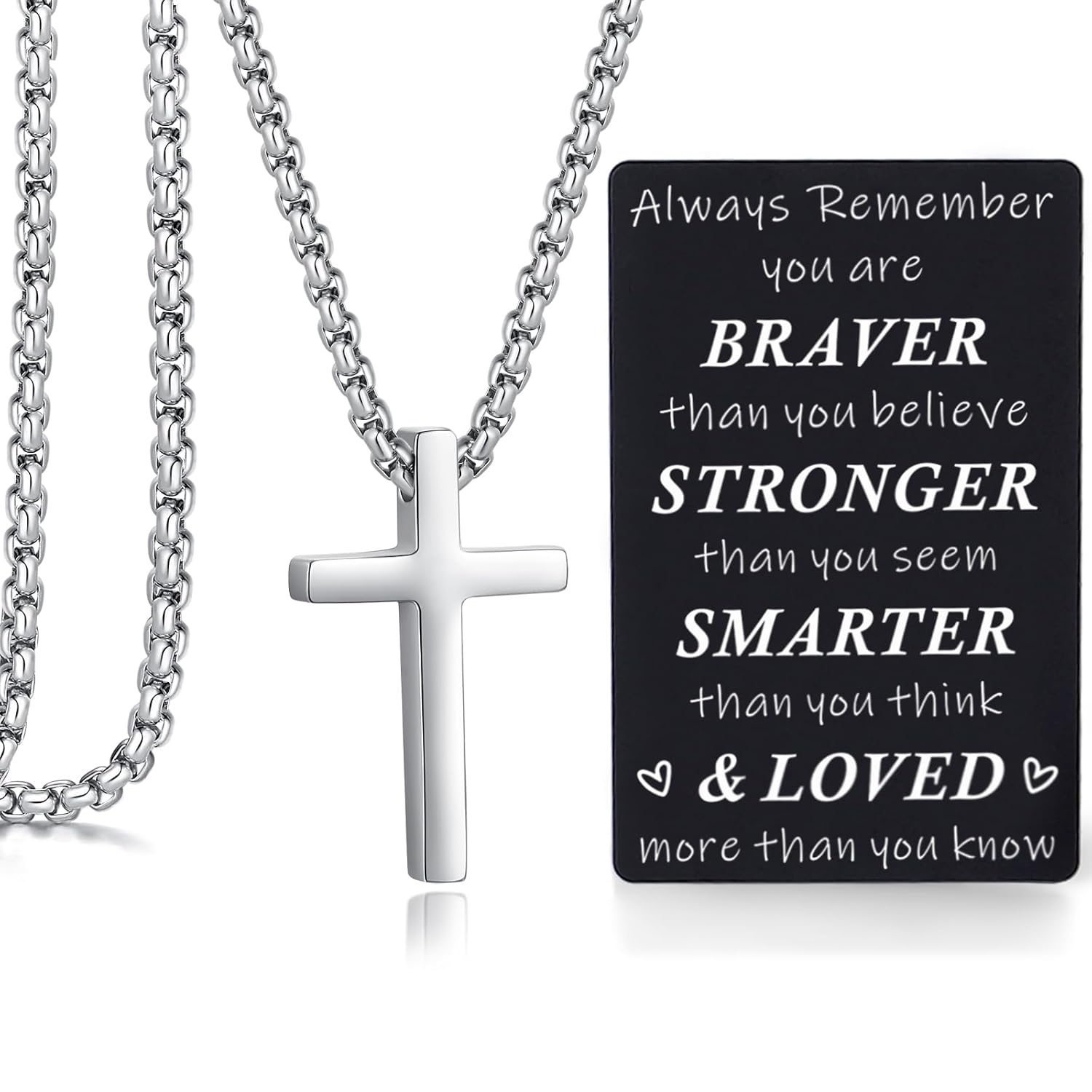 Easter Basket Stuffers for Teens Boys Gifts Kids Teenage Ideas Cross Necklace (Silver-Always Remember You are Braver...) Thumbnail