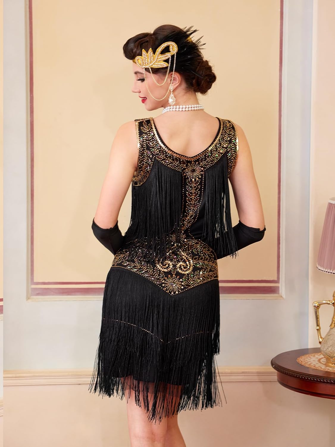 1920s Flapper Dresses for Women, Lace V-Neck Great Gatsby Costumes with Fringe - Image 3