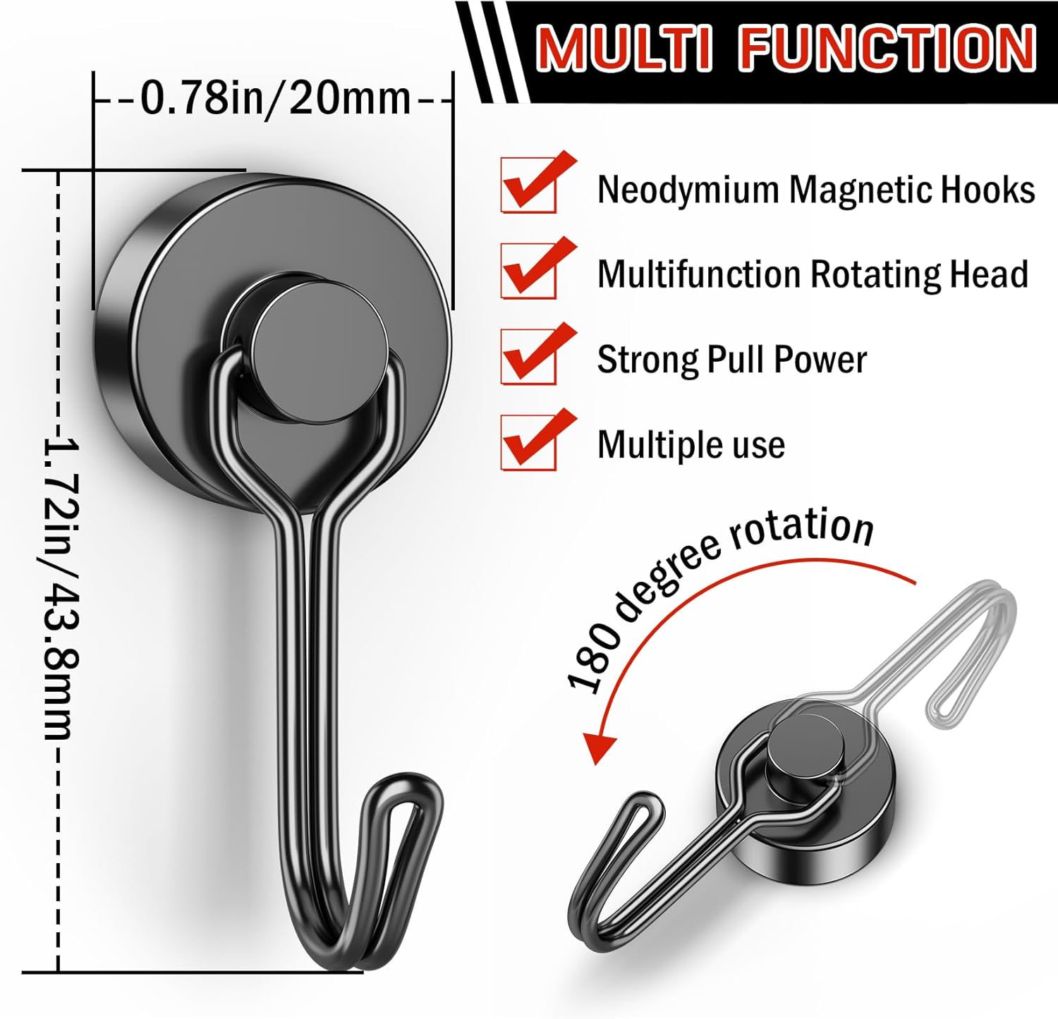 FINDMAG Magnetic Hooks, 40lb+ Strong Magnetic Hooks for Refrigerator, Rare Earth Neodymium Magnets for Hanging, 2026 Cruise Essentials, Black Magnet with Hook for Home, Grill, Classroom, Office