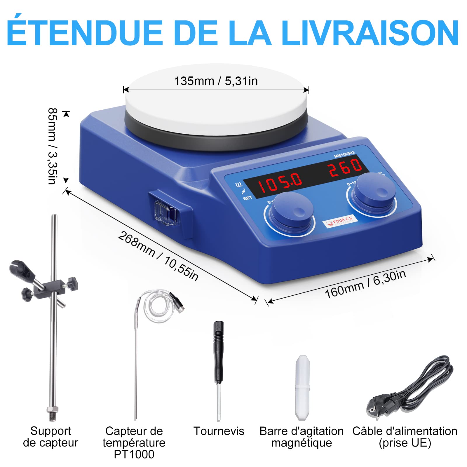 Agitateur Magnétique Chauffant Digital 1500rpm 280°C 5L Agitateur Magnétique à Plaque Chauffante 135mm Numérique Mélangeur Magnétique de Laboratoire avec écran LED