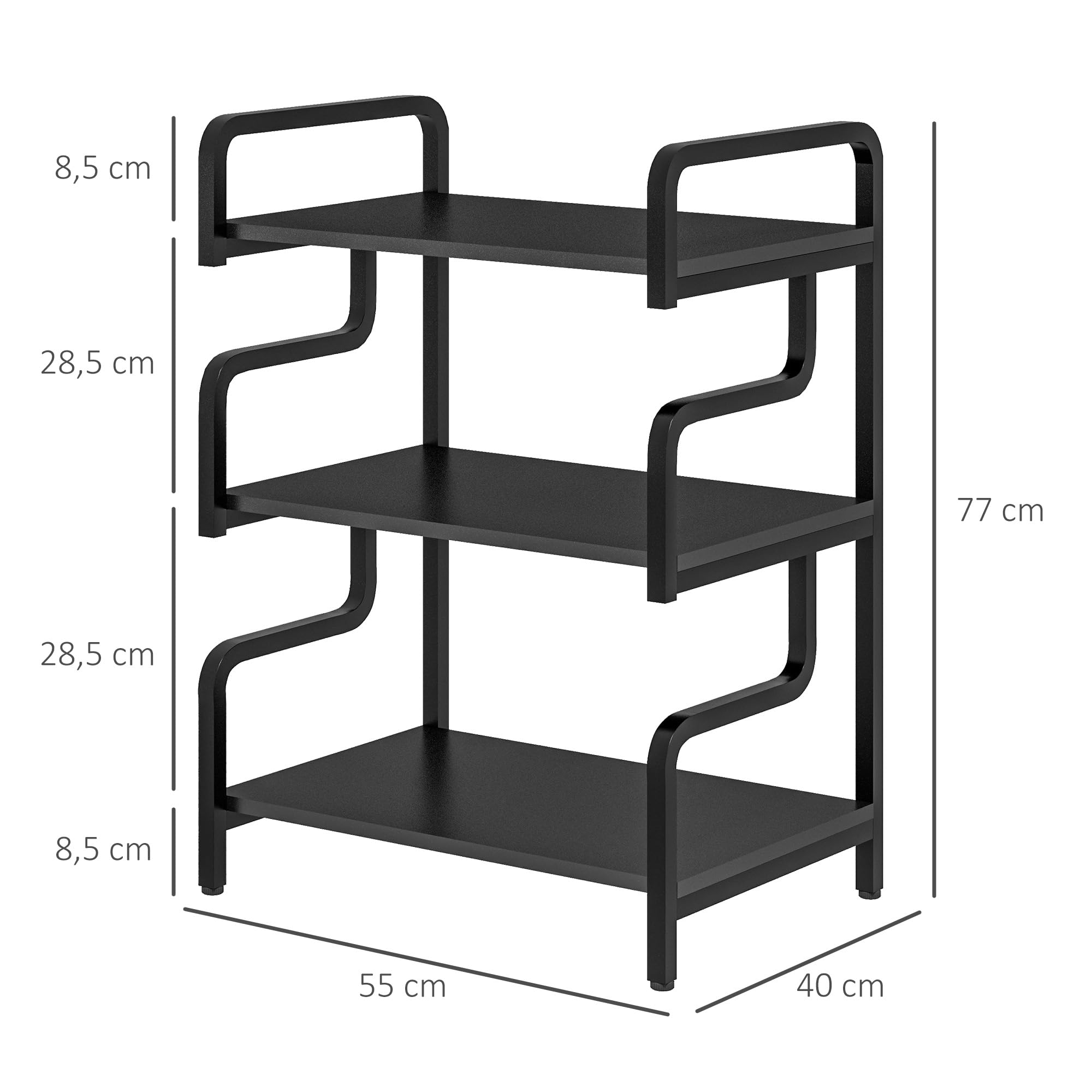 HOMCOM Support d'Imprimante à 3 Niveaux Meuble Imprimante 55x40x77cm Noir | Étagère de Rangement, en Bois et Métal, pour Bureau Maison