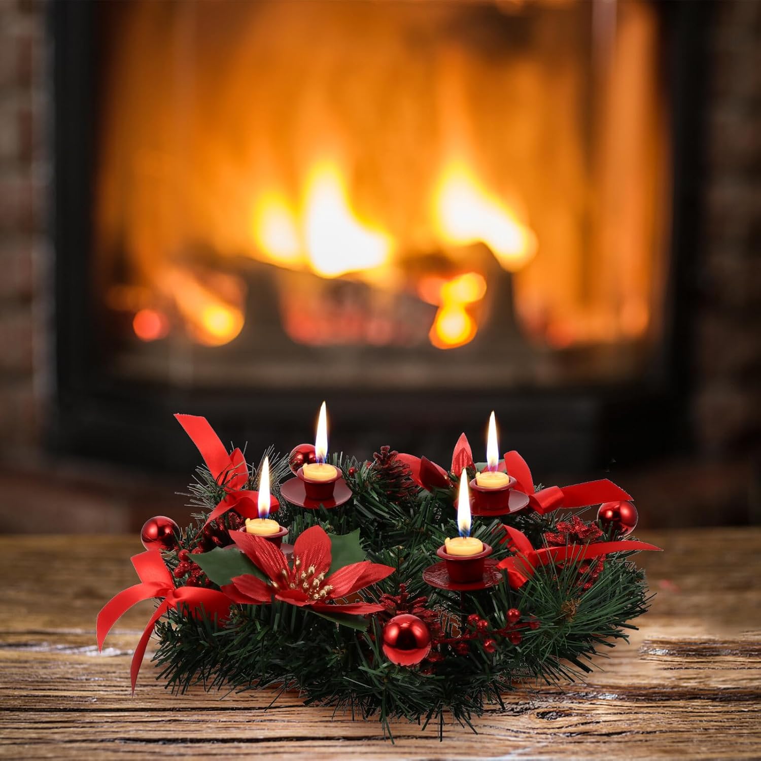 Christmas Wreath Candle Holder 30cm Red Retro Desktop Candle Decor Single-Headed Candlestick for Holiday Home Decoration