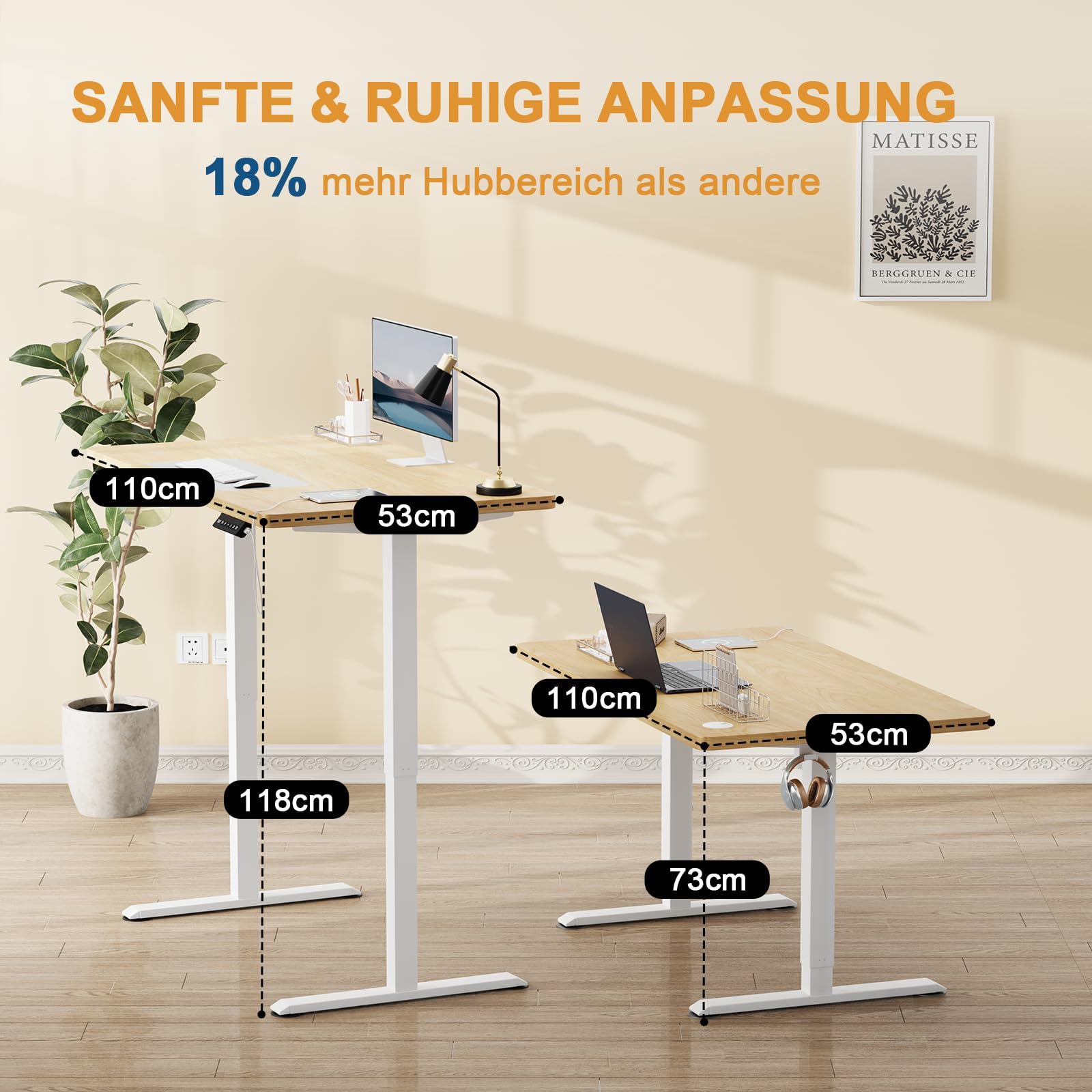 Flamaker Höhenverstellbarer Schreibtisch Ganze Tischplatte 110 x 53 cm Elektrischer Schreibtisch Höhenverstellbar für Steh-Sitz, Computertisch mit Memory-Funktion,Standing Desk,Beige