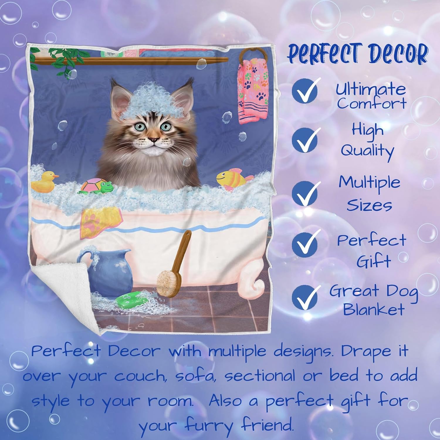 Rub A Dub Dog in A Tub Maine Coon Cat Blanket - Lightweight Soft Cozy and Durable Bed Blanket - Animal Theme Fuzzy Blanket for Sofa Couch BLNKT63206 (50x60 Woven)