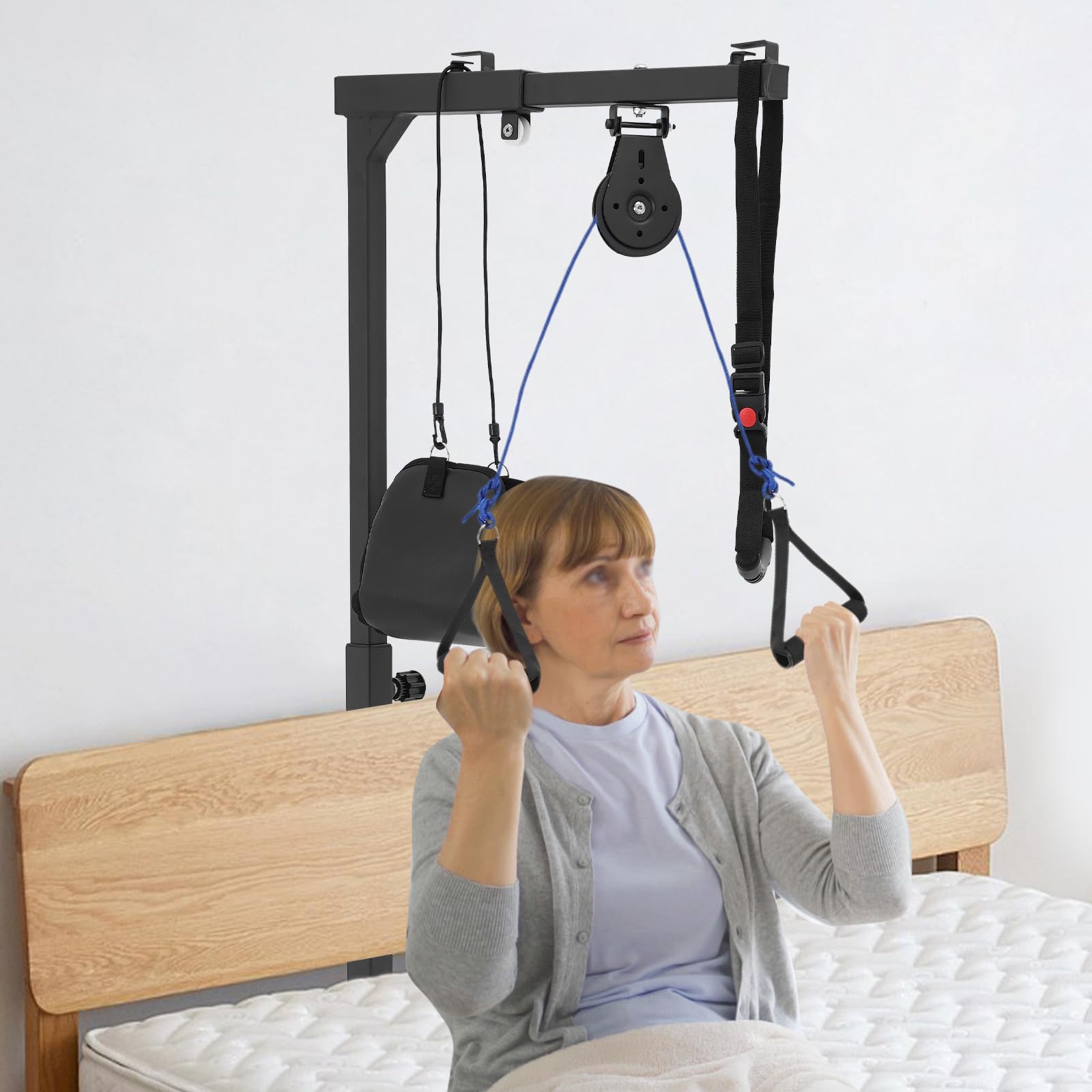 Redresseur de lit avec hauteur réglable 9 niveaux, potence de lit avec poignée triangulaire, aide au redressement, cou cervical, potence de lit autoportante mobile avec étirement de cou