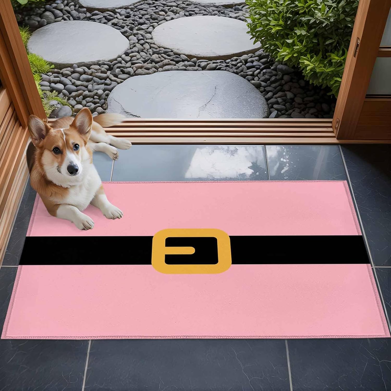 Christmas Pink, 2' x 3' Area Rugs for Entryway, Washable Bathroom Mat Rugs with Rug Tape, Blush Santa Claus Black Belt Accent Indoor Outdoor Doormat for Front Door Kithcen Dorm