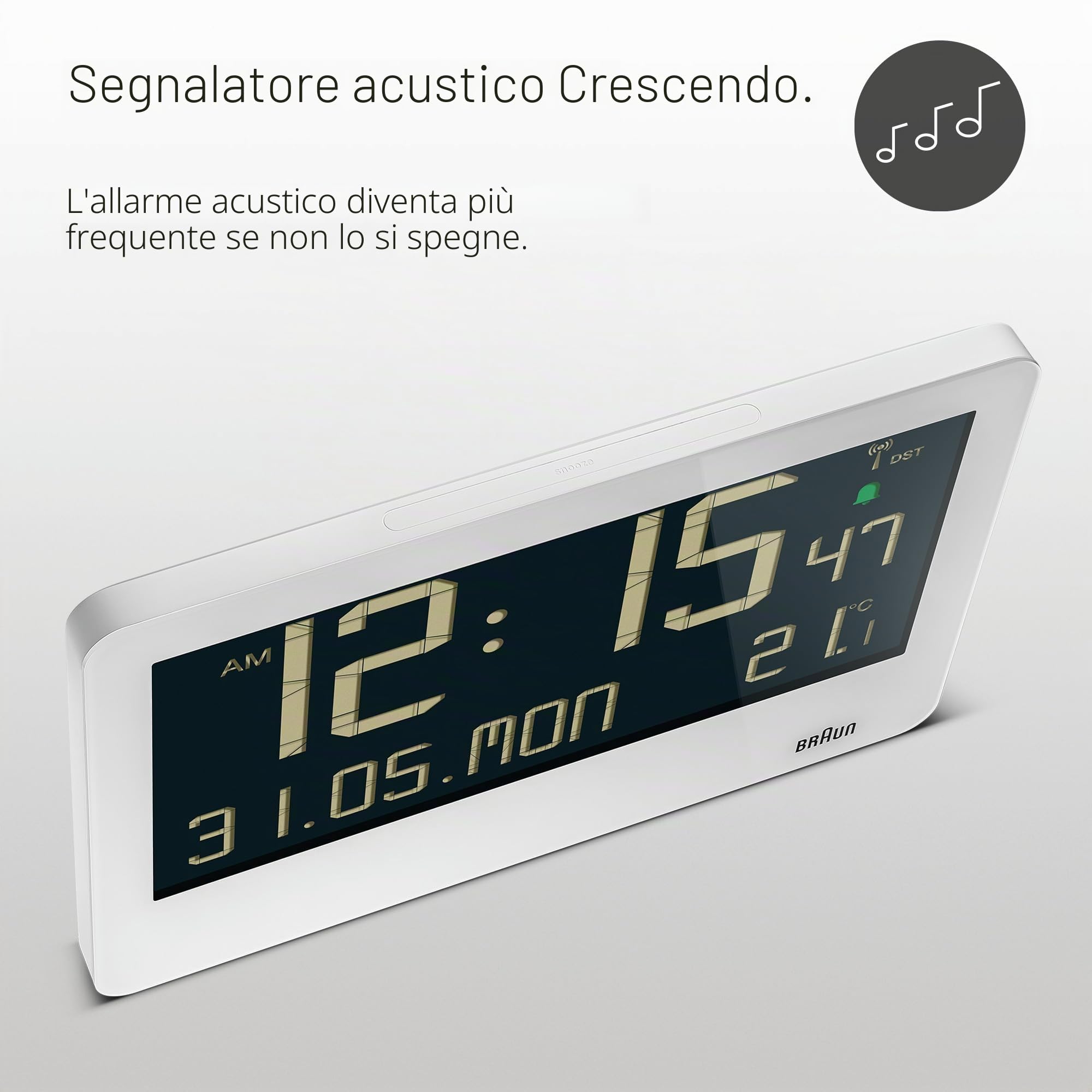 Braun Orologio da Parete Digitale Radiocontrollato con Ora dell'Europa Centrale (DCF) con Temperatura, Data, Giorno, Ampio Display LCD Reverso, Allarme Acustico Crescendo in Bianco, Modello BC14W-DCF