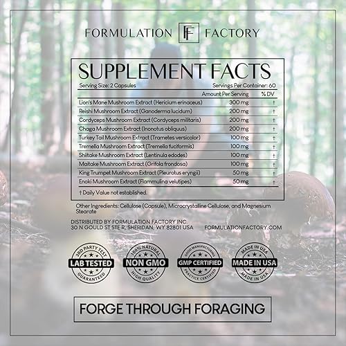 Miniatura 8 de Fórmula Factory Shroom Vroom Suplemento de Hongos 10-en-1, Melena de León, Reishi, Cordyceps, Chaga, Cola de Pavo, Tremella, Shiitake, Maitake,