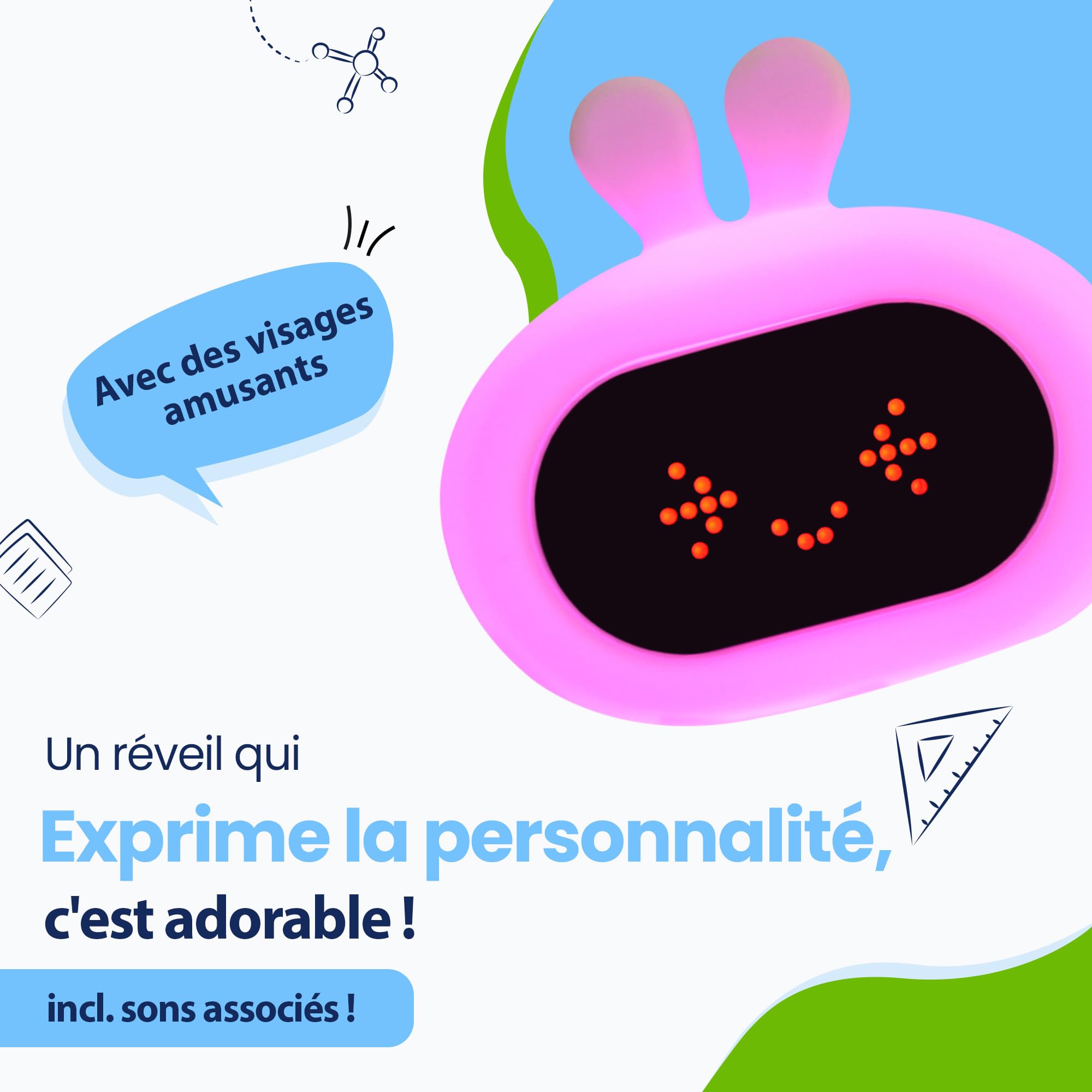 Réveil Enfant Lapin (Blanc) - avec Expressions Faciales et Fonction Tapotement - Lumière de Réveil - Entraîneur de Sommeil - Veilleuse - Jouet Numérique