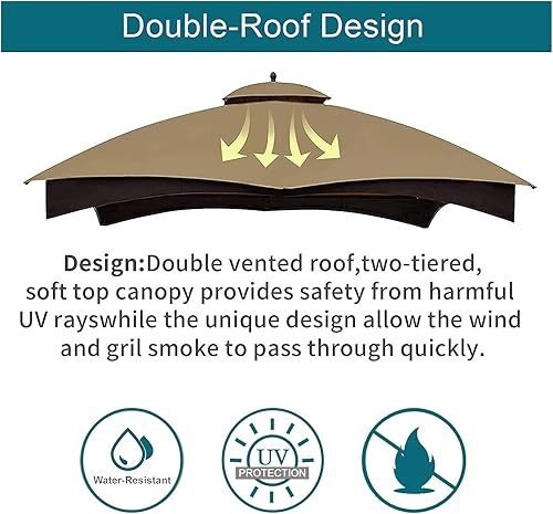 Miniatura 5 de Gazebo Replacement Canopy Top Cover - Wonwon 10X12 Double Tiered Canopy Roof for Lowe's Allen Roth Gazebo Model #GF-12S004BTOGF-12S004B-1 (Khaki)