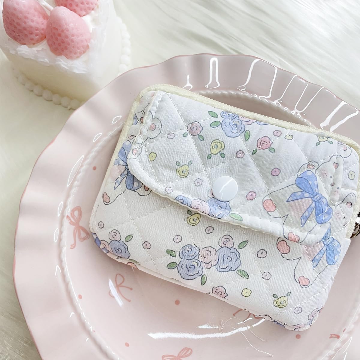 Cotton Quilted Floral Coin Pouch with Cute Prints Zipper for Women Girls (ROSE BEAR) - Image 6