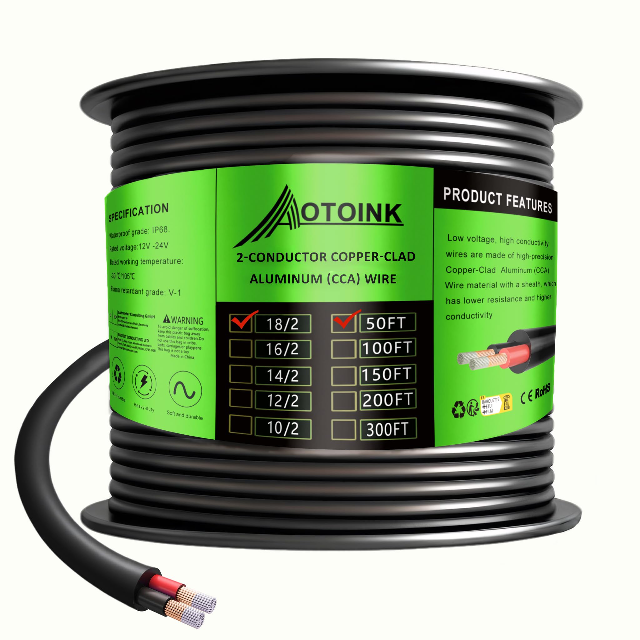 AOTOINK 50 Feet 18 Gauge 2 Conductors Electrical Wire Extension Cable 18/2 Copper Clad Aluminum 18 AWG for Speaker,LED Strips,Automotive,Lamps