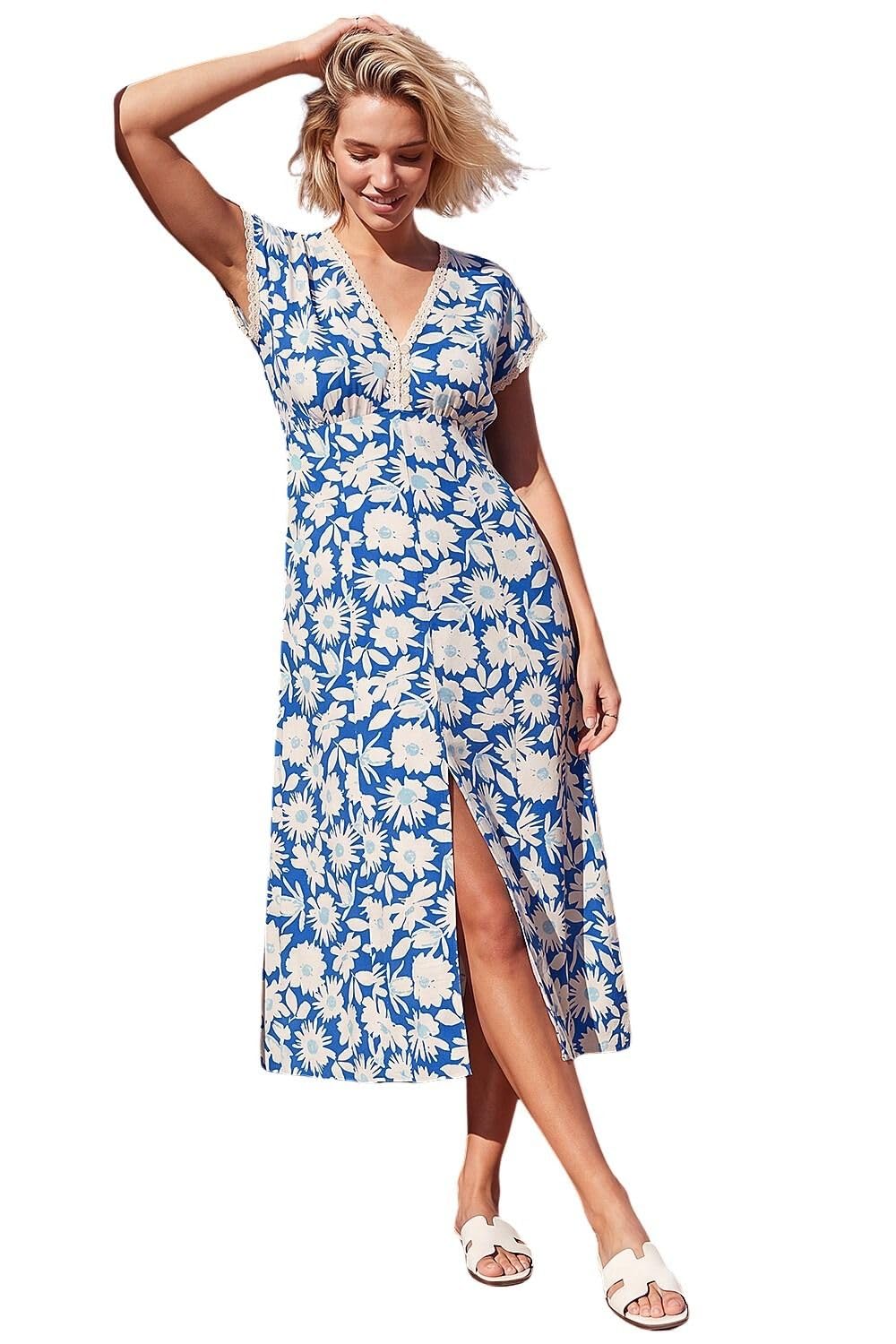 Roman Daisy Print Lace Trim Midi Dress, Blue, Size 20, Women