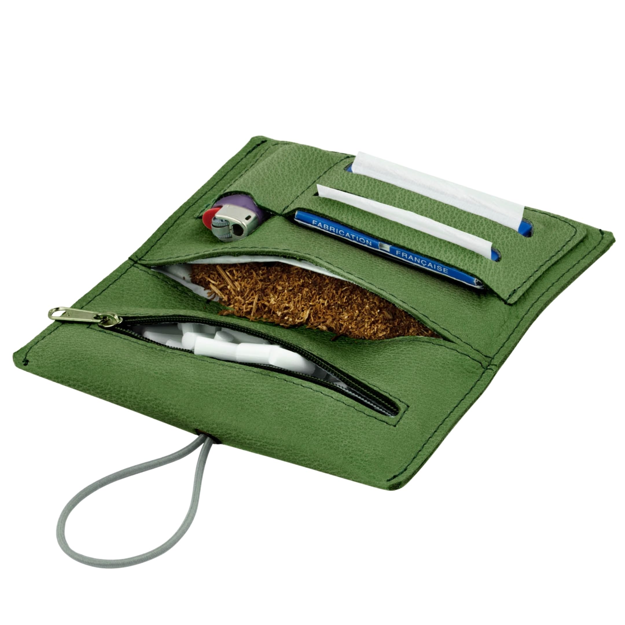 SIMARU Porta Tabacco in Vera Pelle e Cuioio | Lavorazione Artigianale | Scomparti per Cartine, Filtri e Accendino | Astuccio Borsello Sacchetto 30g (Geyser)