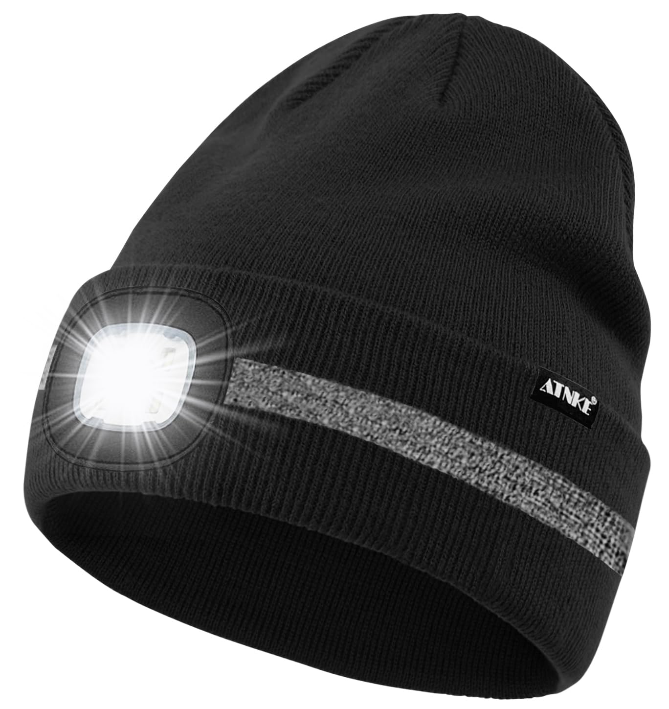 ATNKE LED Lighted Beanie Hat,USB Rechargeable 4 LED Run Headlamp with Reflective Stripe Cap Light Gift for Men and Women