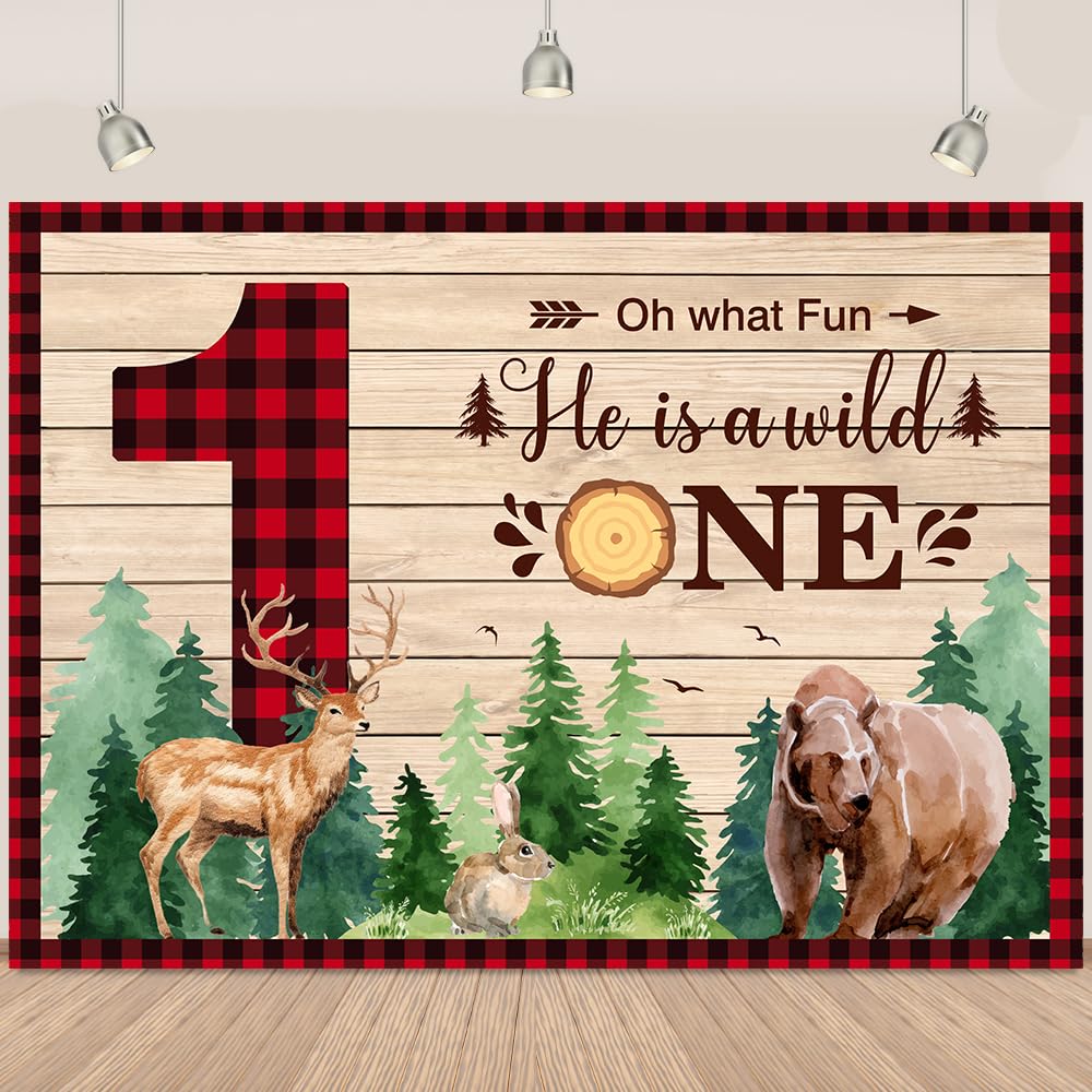 Wild One 1st Birthday Backdrop He is Wild One Photography Background Green Forest Wildlife First Birthday Backdrop Deer Bear Wild One Backdrop 1st Birthday Boy Party Cake Table Decor 5x3Ft